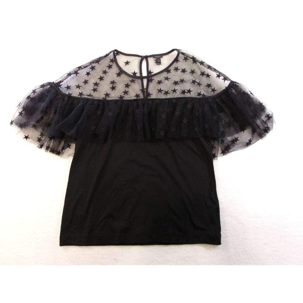 J.Crew Star Tulle Mesh Ruffle‎ Top Women M Black Short SleeveH2048